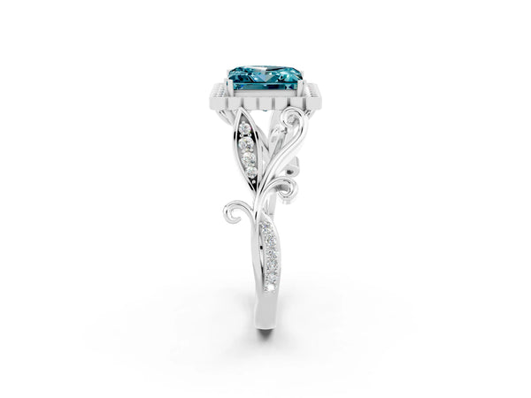 Silver Princess Cut Blue Topaz Halo Ring with Vintage Split Shank and Four-Prong Setting