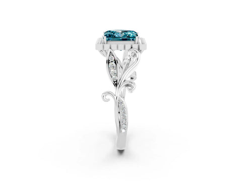 White gold Princess Cut Blue Topaz Halo Ring with Vintage Split Shank and Four-Prong Setting_26