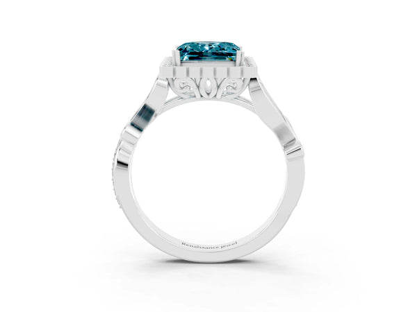Silver Princess Cut Blue Topaz Halo Ring with Vintage Split Shank and Four-Prong Setting