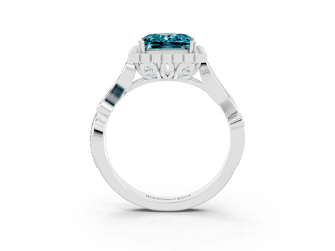 White gold Princess Cut Blue Topaz Halo Ring with Vintage Split Shank and Four-Prong Setting_27