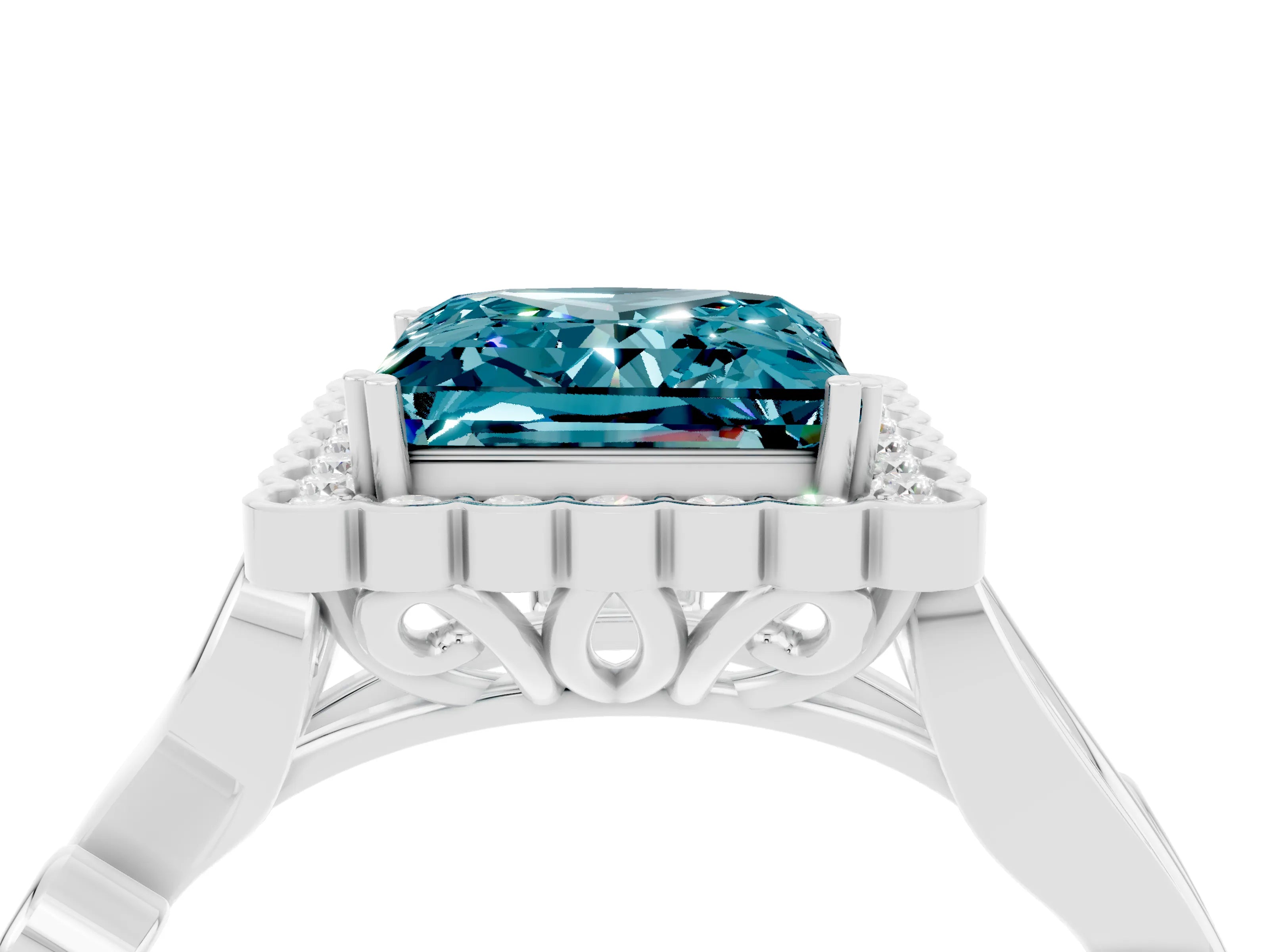 White gold Princess Cut Blue Topaz Halo Ring with Vintage Split Shank and Four-Prong Setting_28