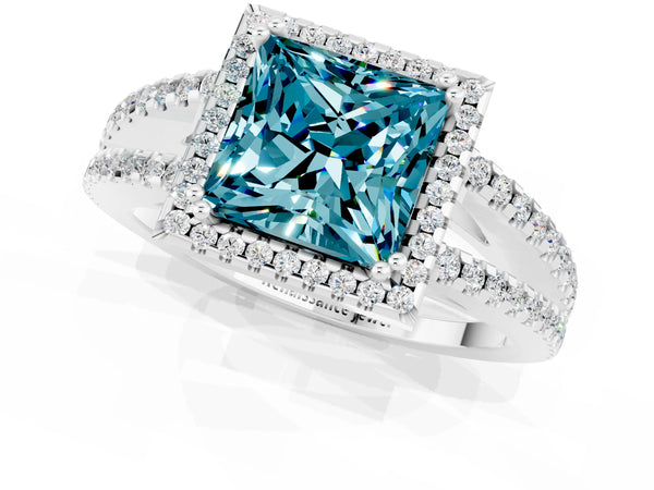 Silver Princess Cut Blue Topaz Halo Split Shank Engagement Ring
