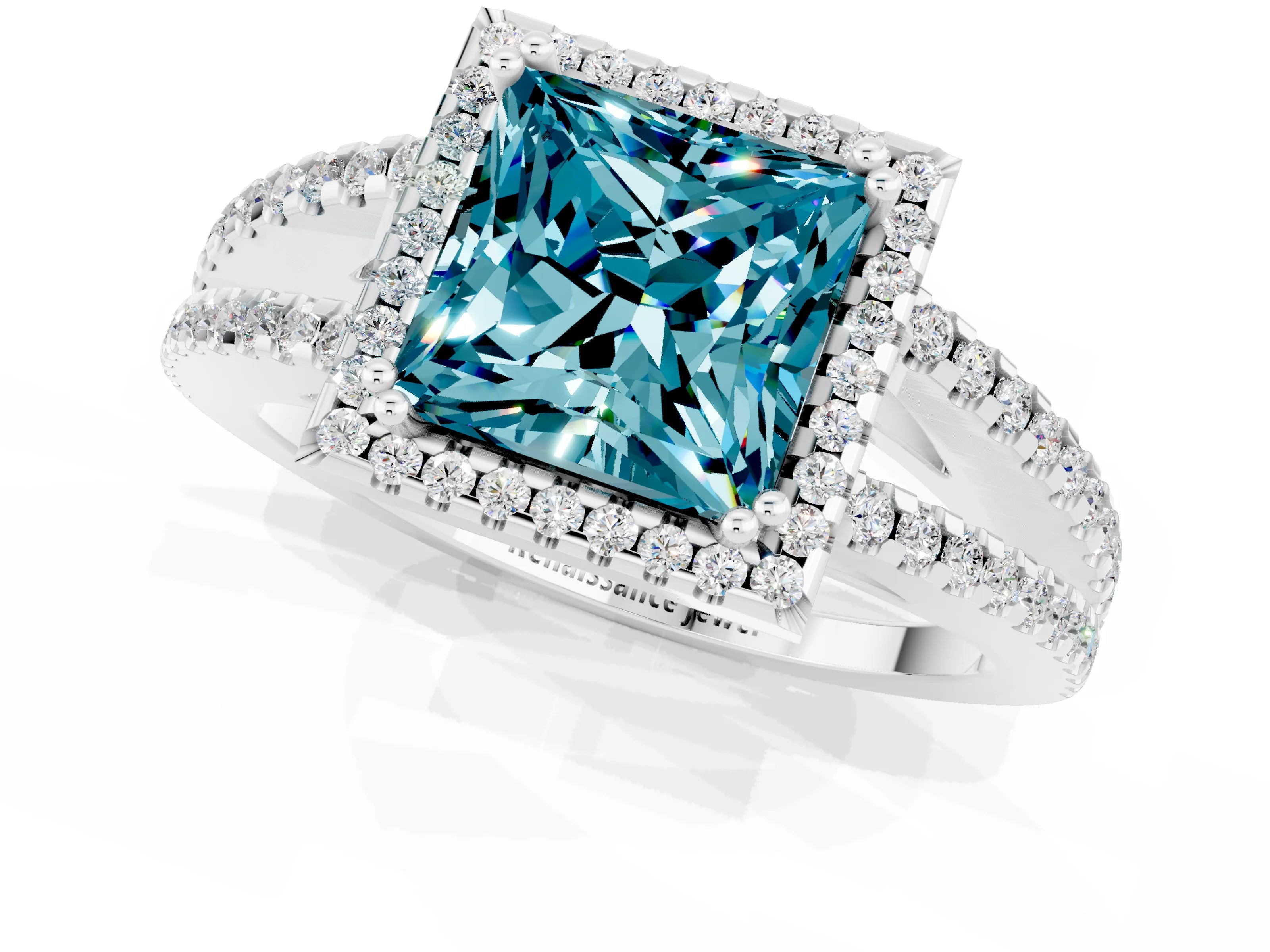 White gold Princess Cut Blue Topaz Halo Split Shank Engagement Ring_13