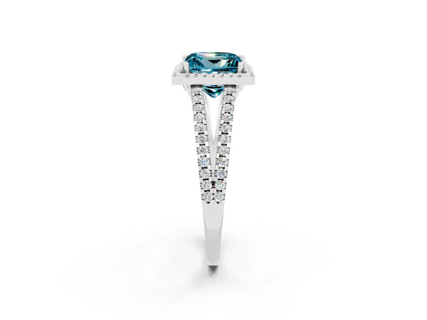 White gold Princess Cut Blue Topaz Halo Split Shank Engagement Ring