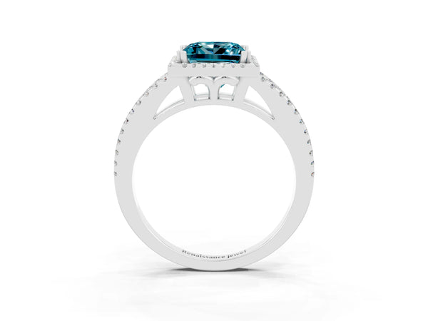 Platinum Princess Cut Blue Topaz Halo Split Shank Engagement Ring