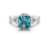 White gold Princess Cut Blue Topaz Halo Twist Band Solitaire Prong Setting Ring
