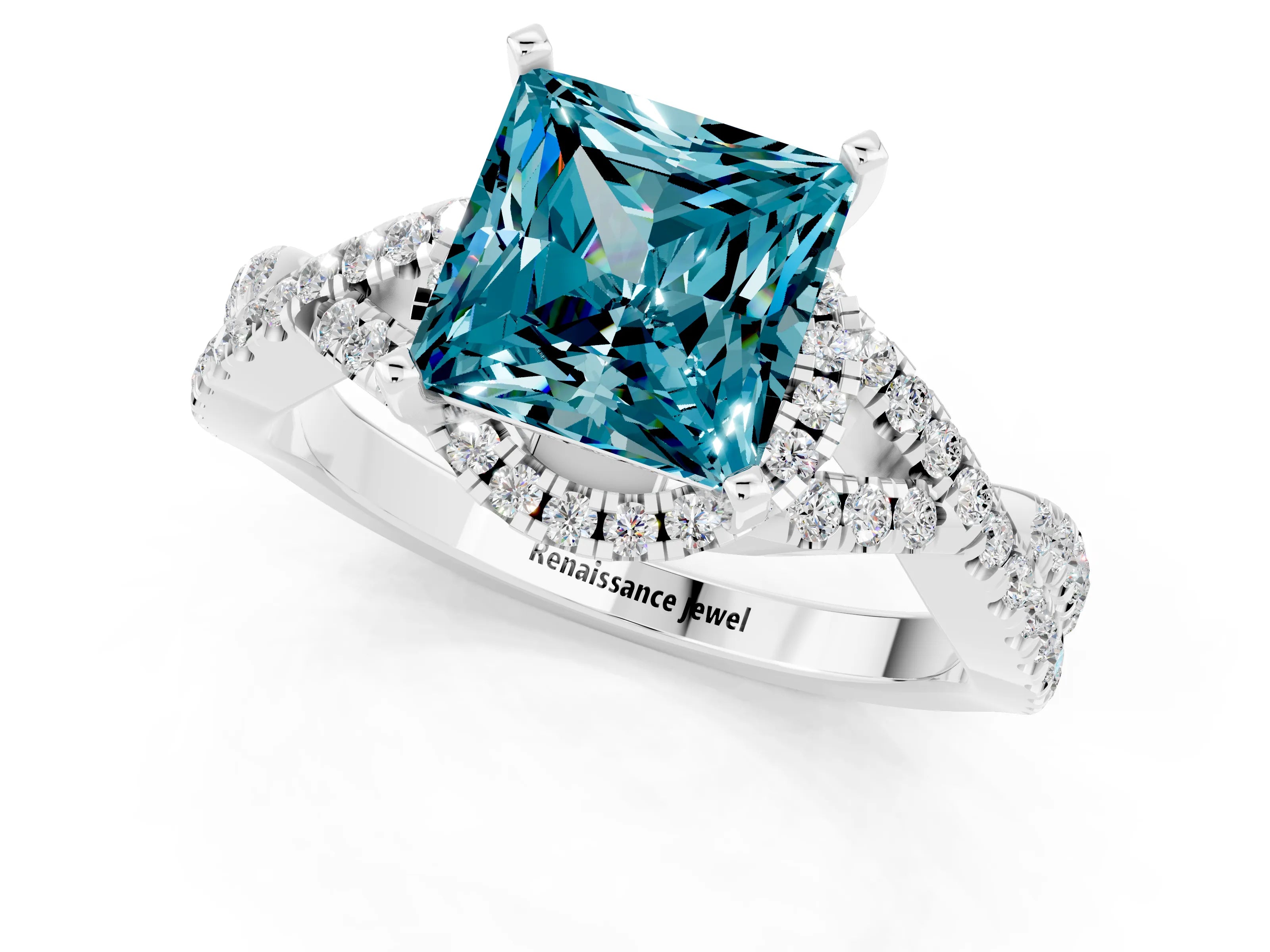 White gold Princess Cut Blue Topaz Halo Twist Band Solitaire Prong Setting Ring_1