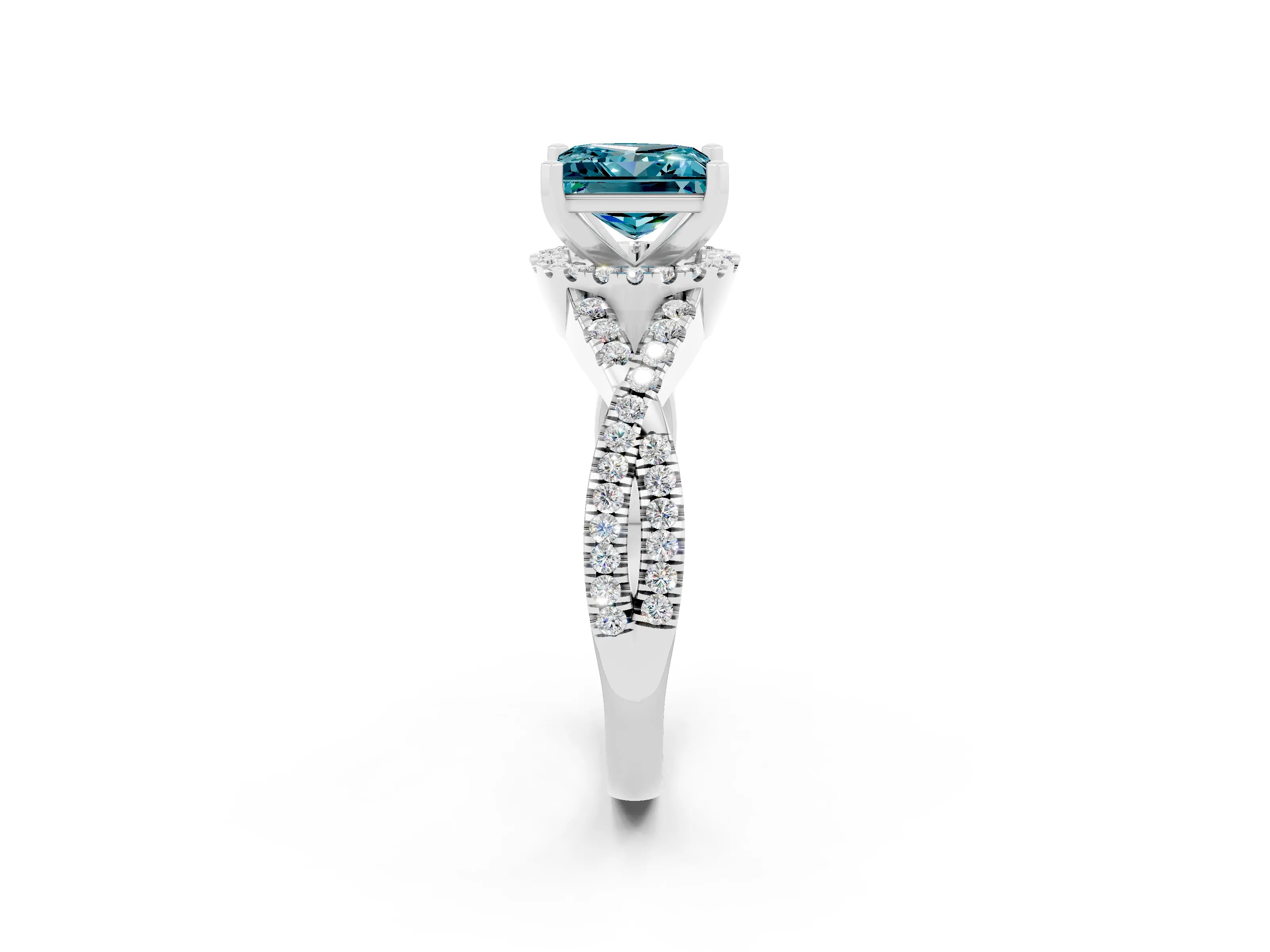 White gold Princess Cut Blue Topaz Halo Twist Band Solitaire Prong Setting Ring_2