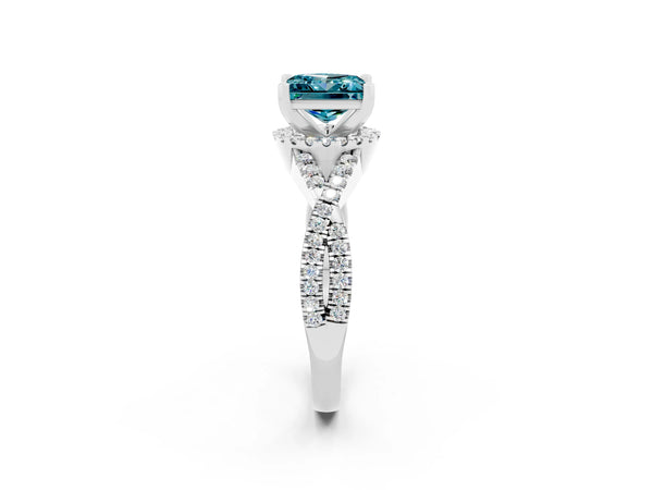 Platinum Princess Cut Blue Topaz  Halo Twist Band Solitaire Prong Setting Ring