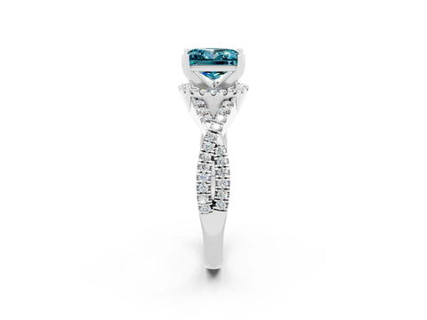 White gold Princess Cut Blue Topaz Halo Twist Band Solitaire Prong Setting Ring_2