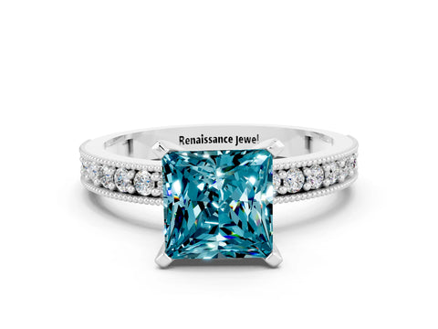 White gold Princess Cut Blue Topaz Milgrain Pavé Engagement Ring with Four-Prong Setting_12