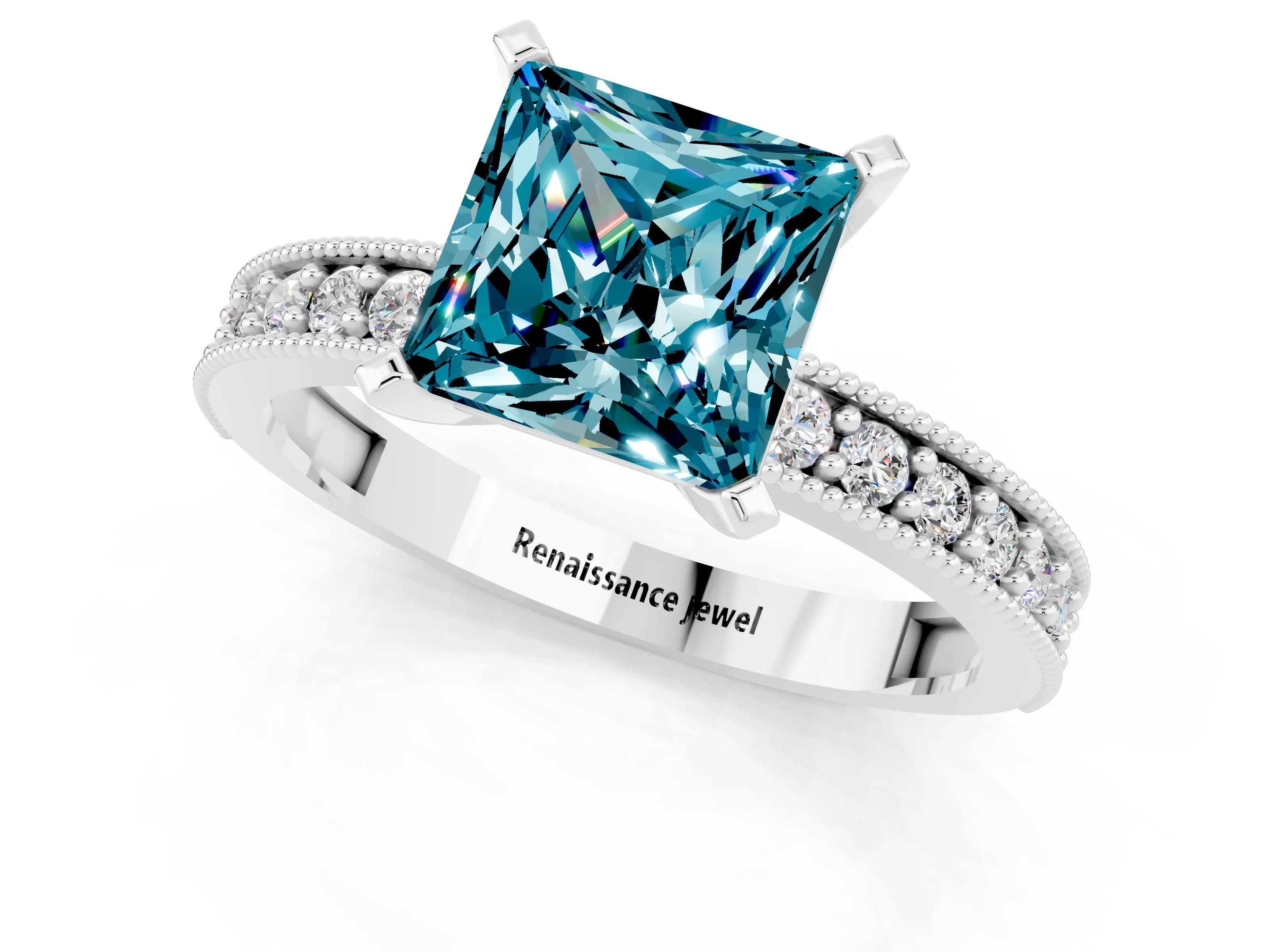 White gold Princess Cut Blue Topaz Milgrain Pavé Engagement Ring with Four-Prong Setting_13
