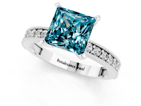 White gold Princess Cut Blue Topaz Milgrain Pavé Engagement Ring with Four-Prong Setting_13
