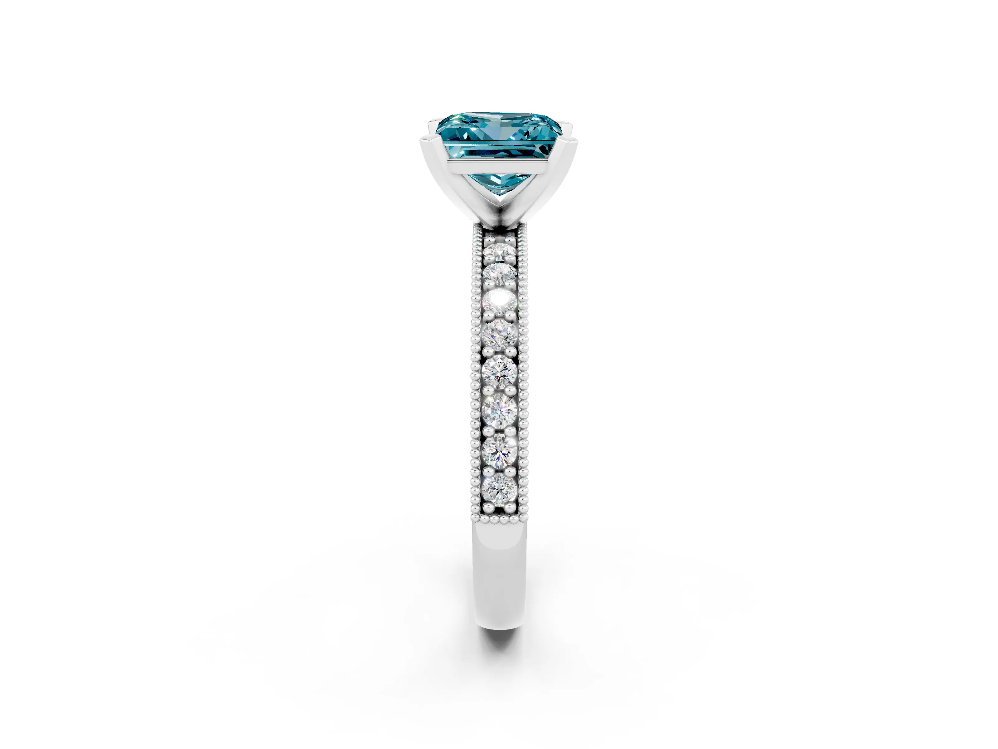White gold Princess Cut Blue Topaz Milgrain Pavé Engagement Ring with Four-Prong Setting_14
