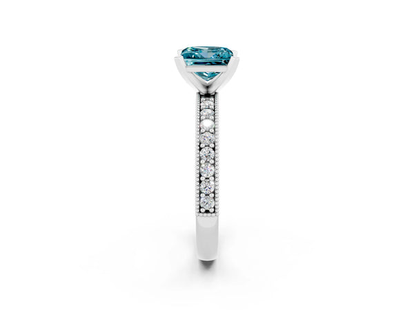 Silver Princess Cut Blue Topaz Milgrain Pavé Engagement Ring with Four-Prong Setting