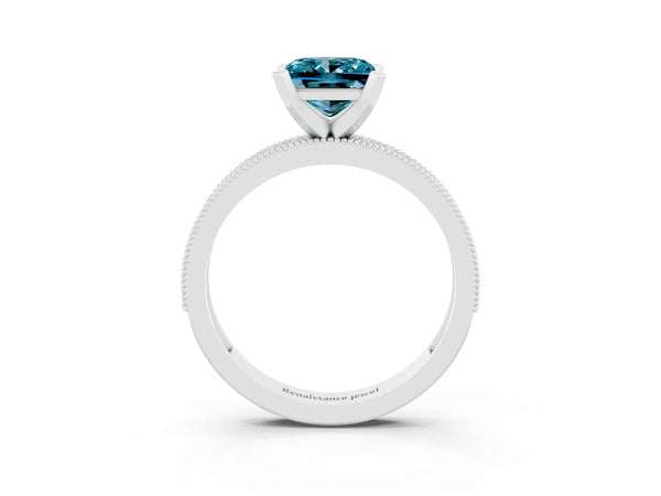 White gold Princess Cut Blue Topaz Milgrain Pavé Engagement Ring with Four-Prong Setting