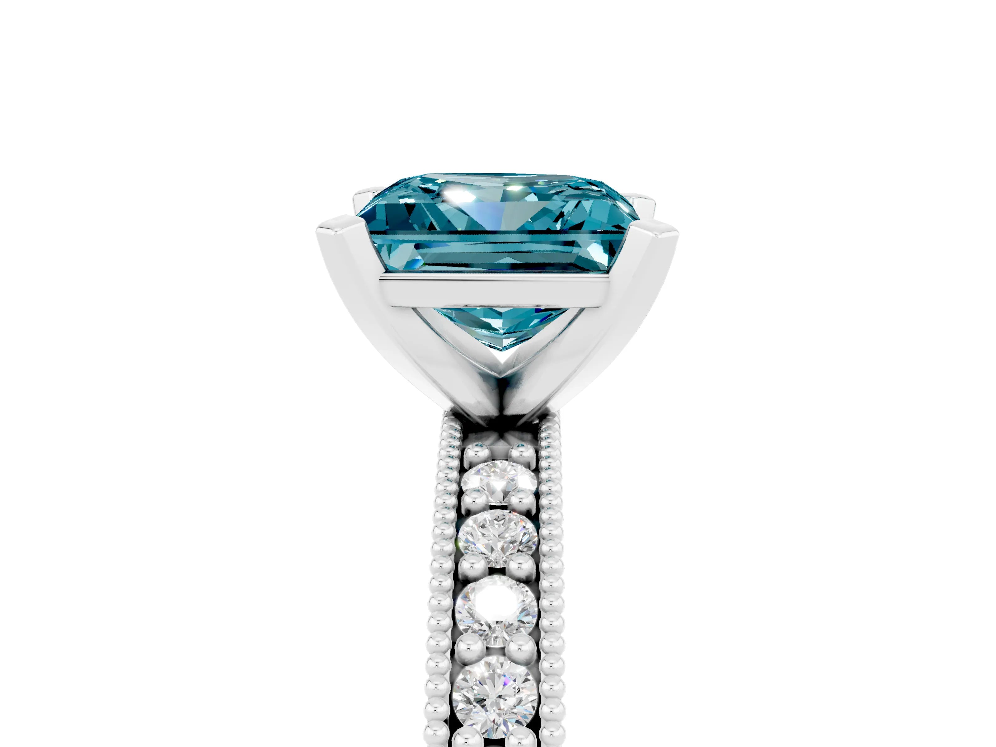 White gold Princess Cut Blue Topaz Milgrain Pavé Engagement Ring with Four-Prong Setting_17