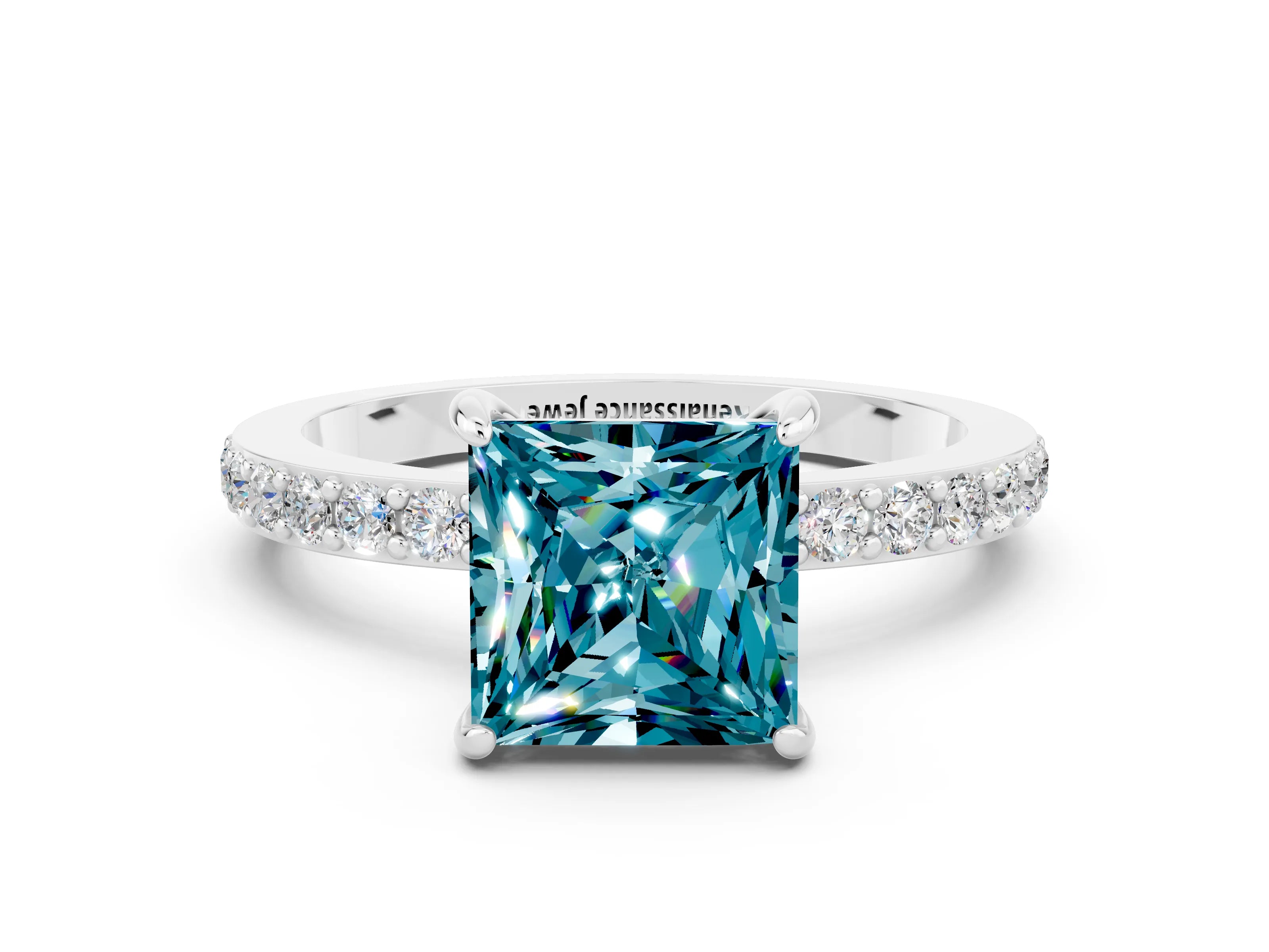 White gold Princess Cut Blue Topaz Pavé Engagement Ring with Round  Accents and Prong Setting_24