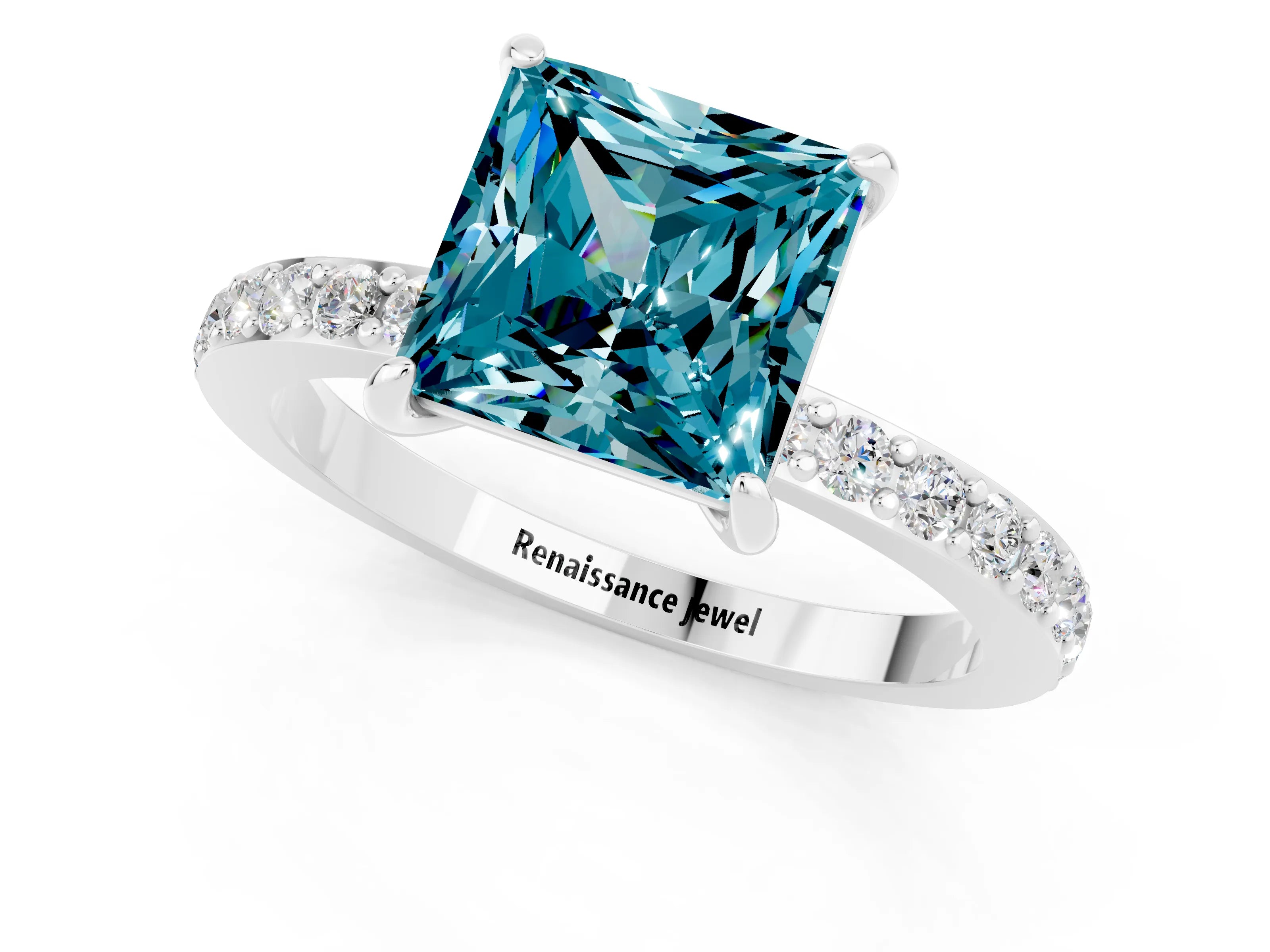 White gold Princess Cut Blue Topaz Pavé Engagement Ring with Round  Accents and Prong Setting_25