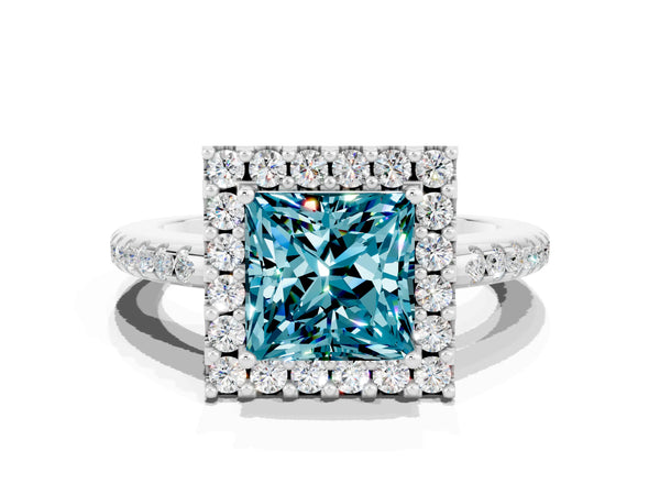 Platinum Princess Cut Blue Topaz Pavé Halo Ring with Four-Prong Setting