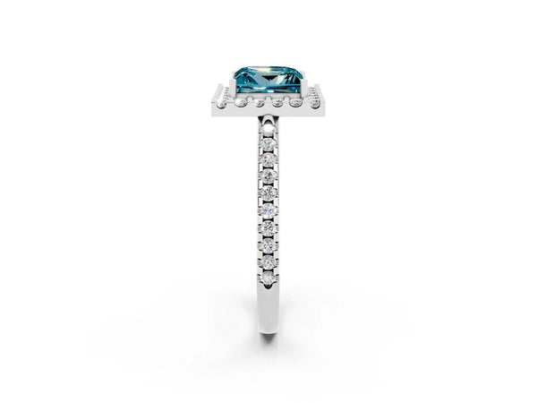 White gold Princess Cut Blue Topaz Pavé Halo Ring with Four-Prong Setting