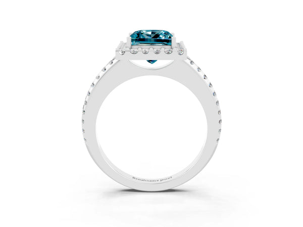 Platinum Princess Cut Blue Topaz Pavé Halo Ring with Four-Prong Setting