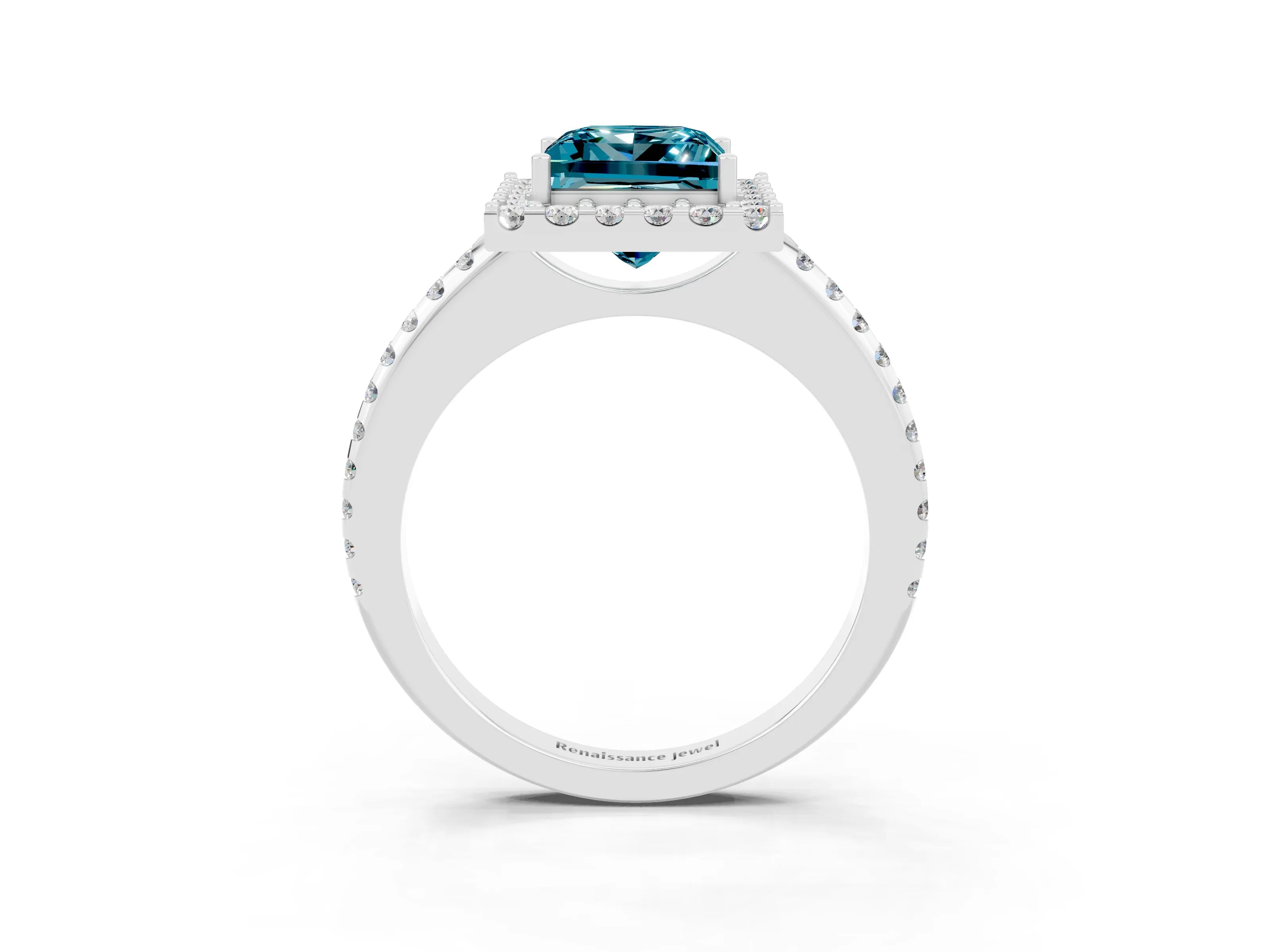 White gold Princess Cut Blue Topaz Pavé Halo Ring with Four-Prong Setting_15