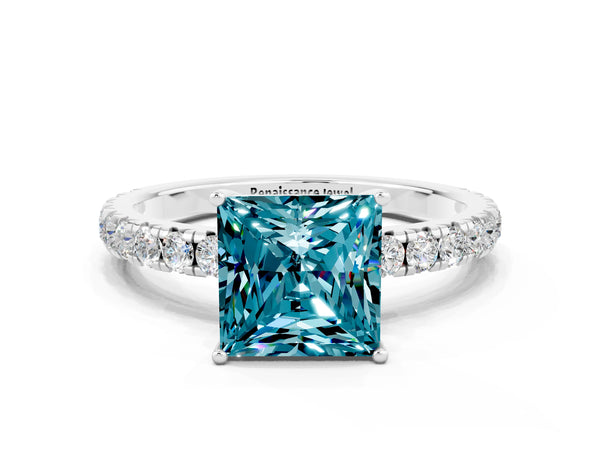 Silver Princess Cut Blue Topaz Pavé Solitaire Engagement Ring with Four-Prong Setting