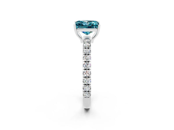 Silver Princess Cut Blue Topaz Pavé Solitaire Engagement Ring with Four-Prong Setting