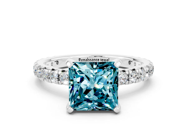 Platinum Princess Cut Blue Topaz Pavé Solitaire Ring with Round Band and Prong Setting