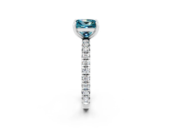 Silver Princess Cut Blue Topaz Pavé Solitaire Ring with Round Band and Prong Setting