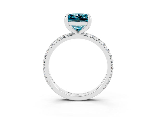 Platinum Princess Cut Blue Topaz Pavé Solitaire Ring with Round Band and Prong Setting