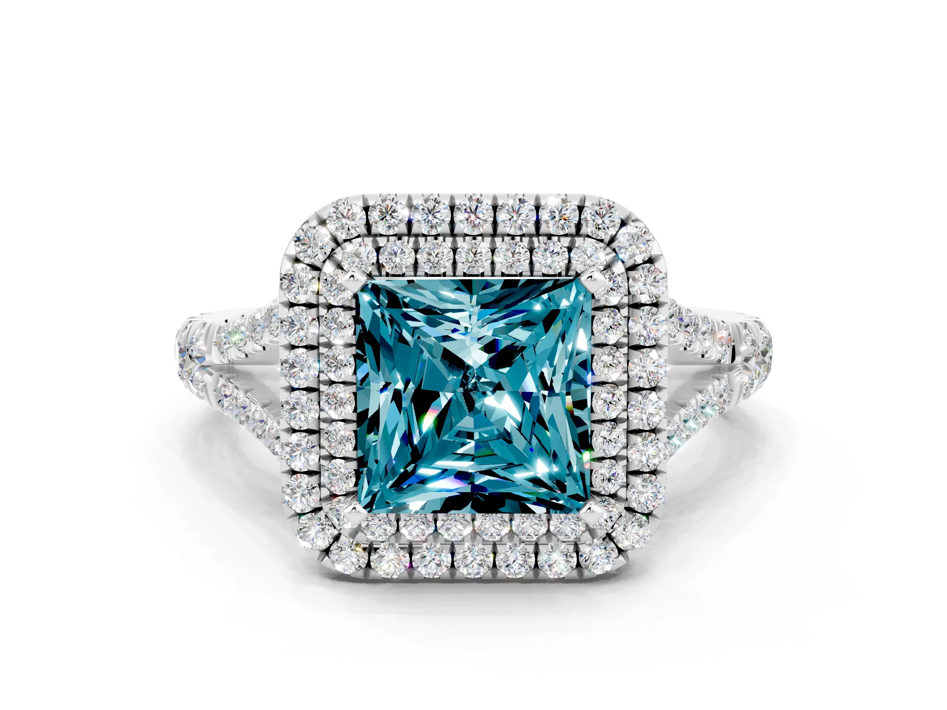 White gold Princess Cut Blue Topaz Pavé Split Shank Double Halo Engagement Ring