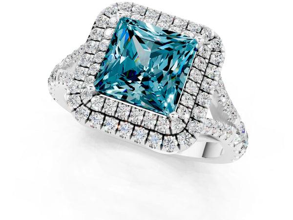 Platinum Princess Cut Blue Topaz Pavé Split Shank Double Halo Engagement Ring