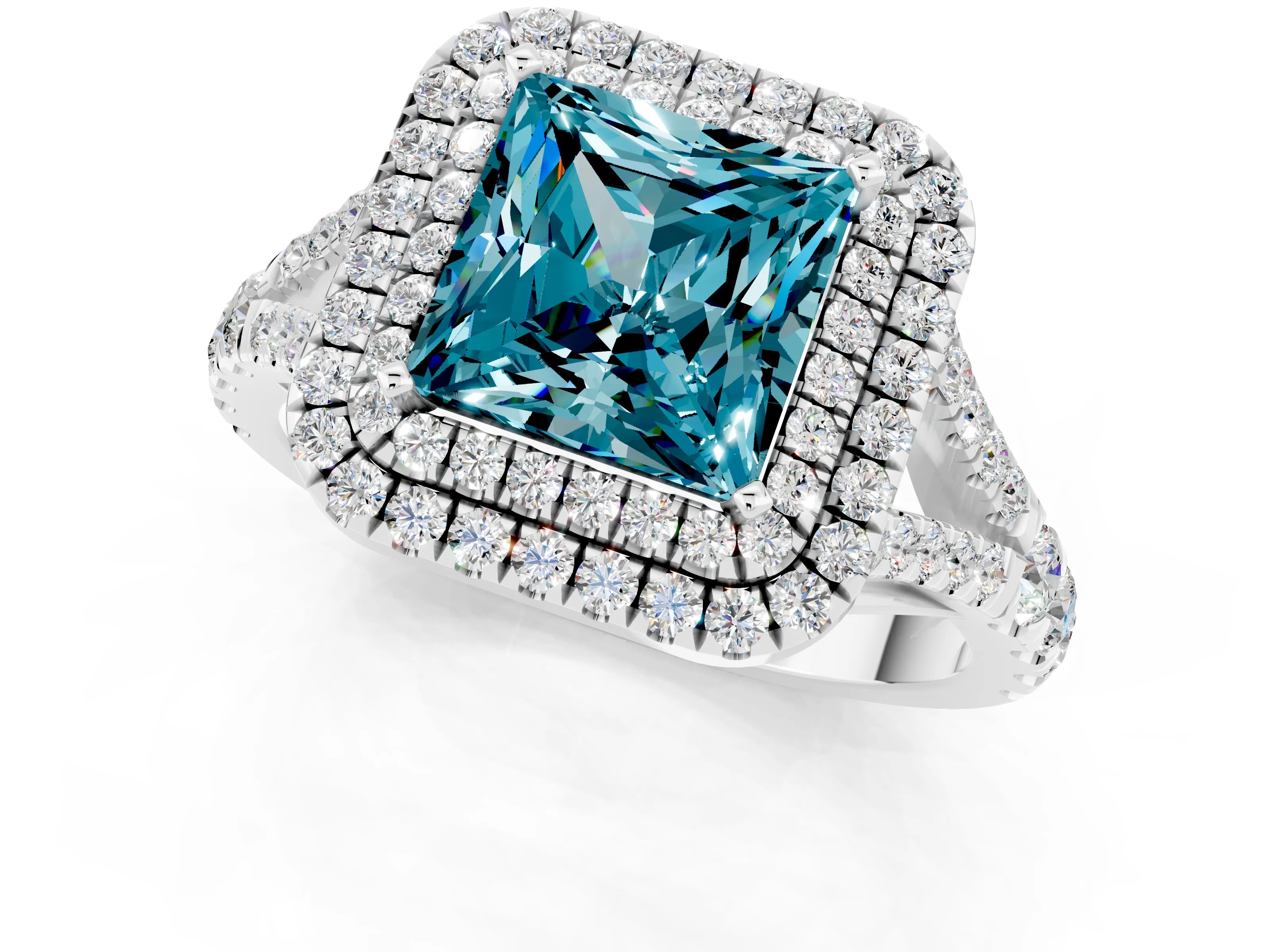 White gold Princess Cut Blue Topaz Pavé Split Shank Double Halo Engagement Ring_1