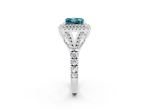 Platinum Princess Cut Blue Topaz Pavé Split Shank Double Halo Engagement Ring