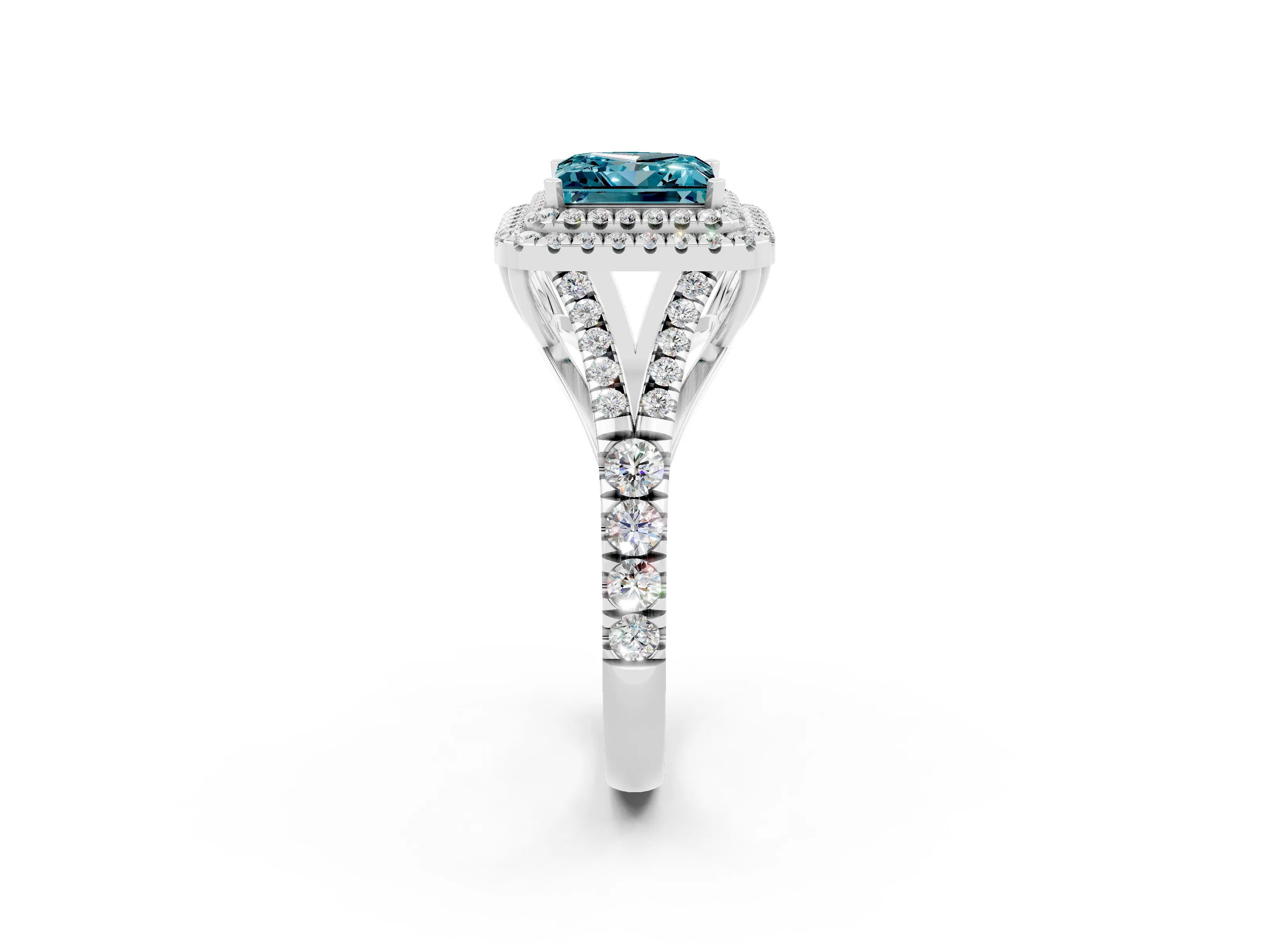 White gold Princess Cut Blue Topaz Pavé Split Shank Double Halo Engagement Ring_2