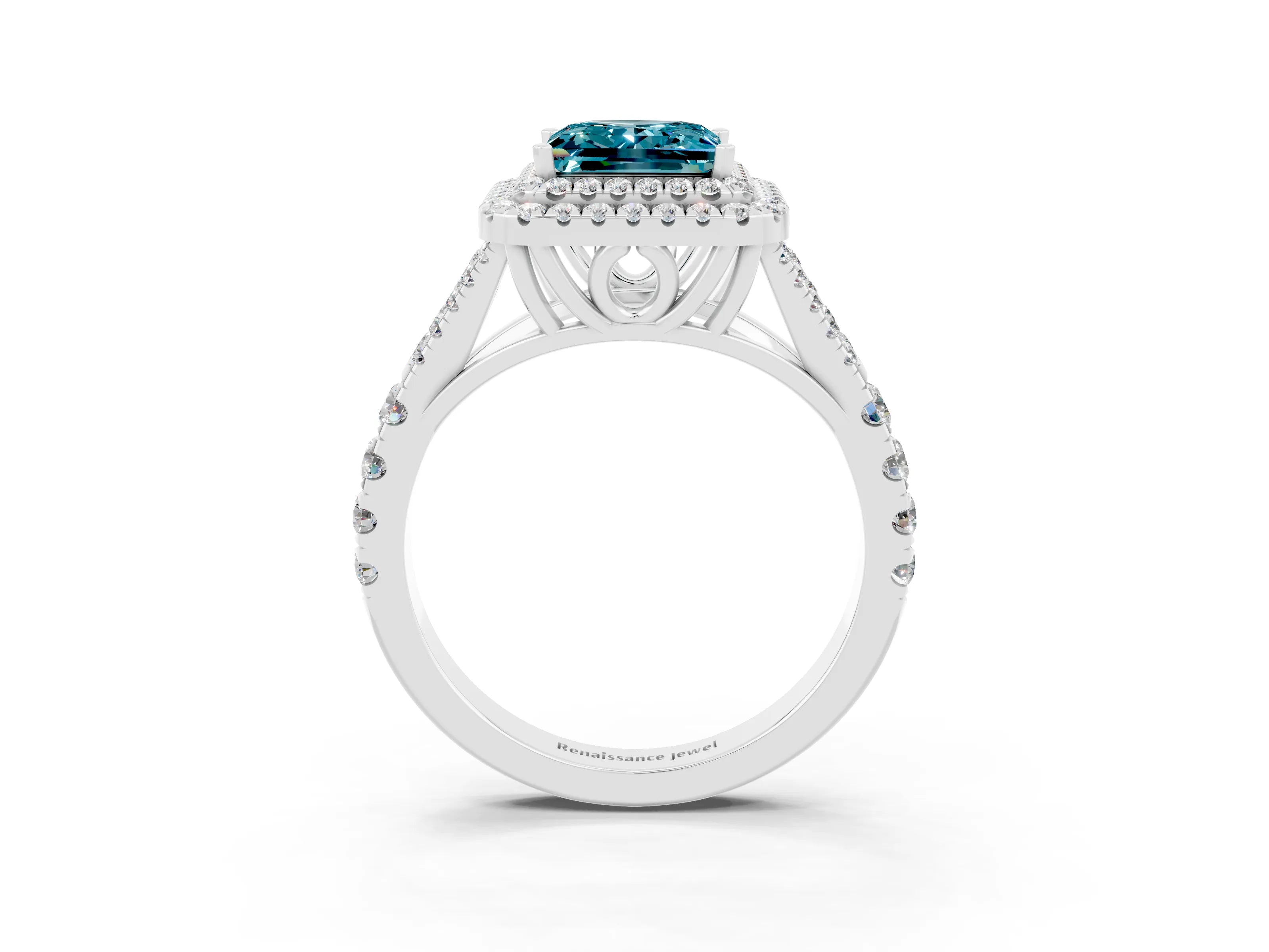 White gold Princess Cut Blue Topaz Pavé Split Shank Double Halo Engagement Ring_3
