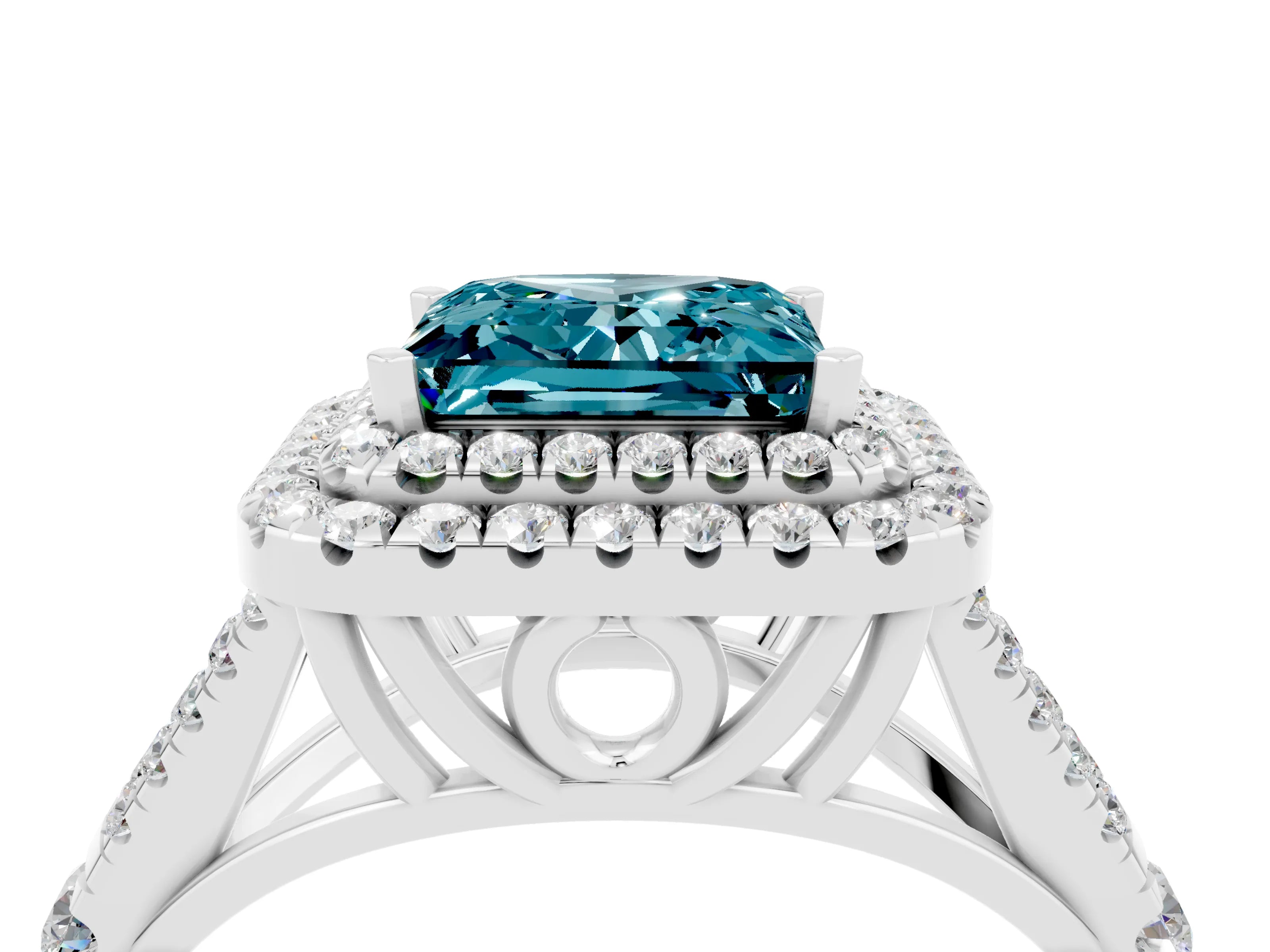 White gold Princess Cut Blue Topaz Pavé Split Shank Double Halo Engagement Ring_4