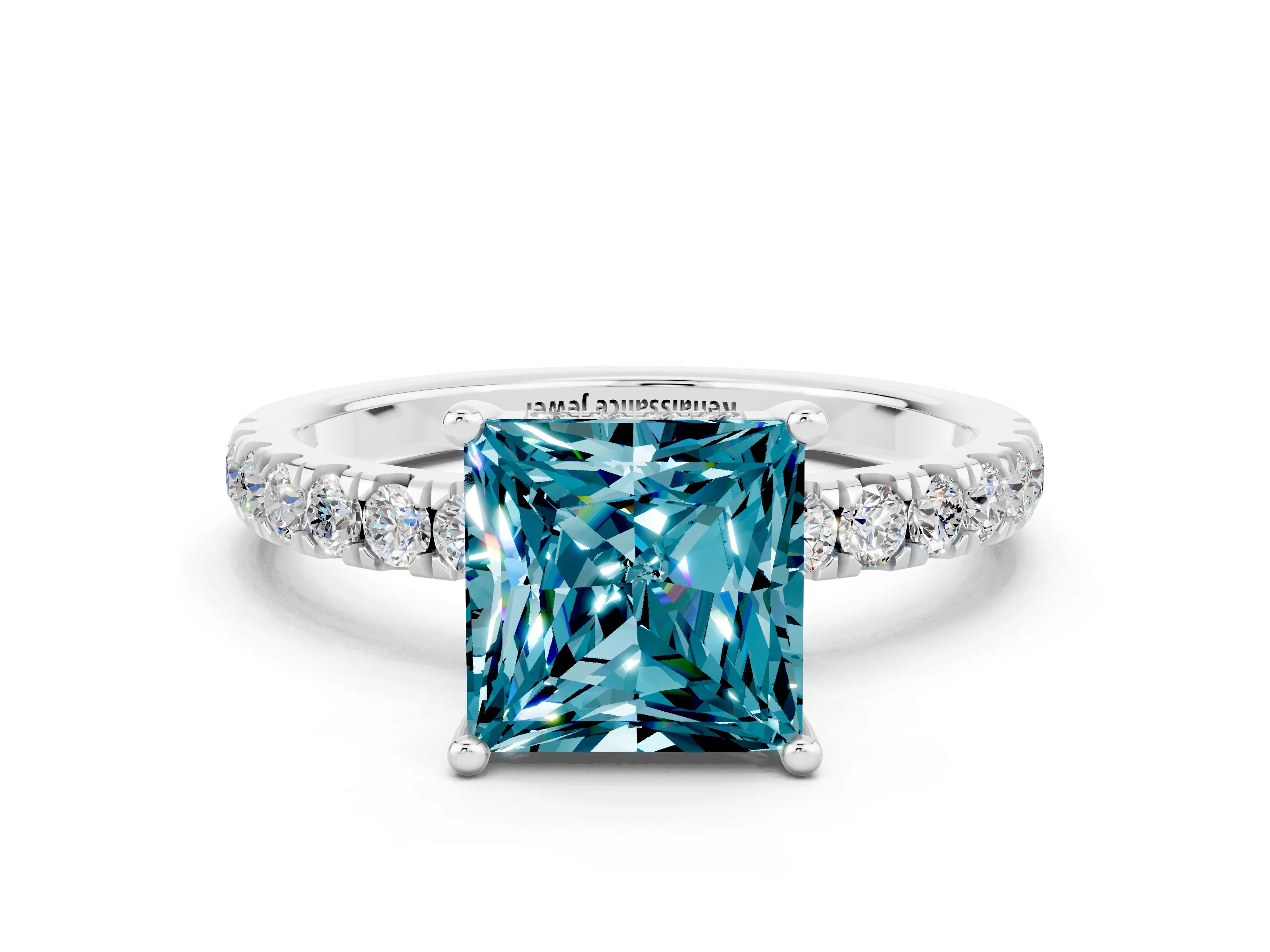 White gold Princess Cut Blue Topaz Pave Band Solitaire Ring with Four-Prong Setting_36