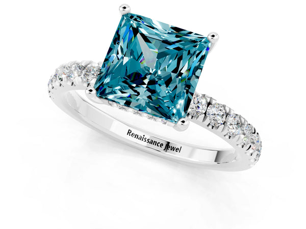 Silver Princess Cut Blue Topaz Pave Band Solitaire Ring with Round  and Prong Setting