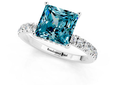 White gold Princess Cut Blue Topaz Pave Band Solitaire Ring with Four-Prong Setting_37