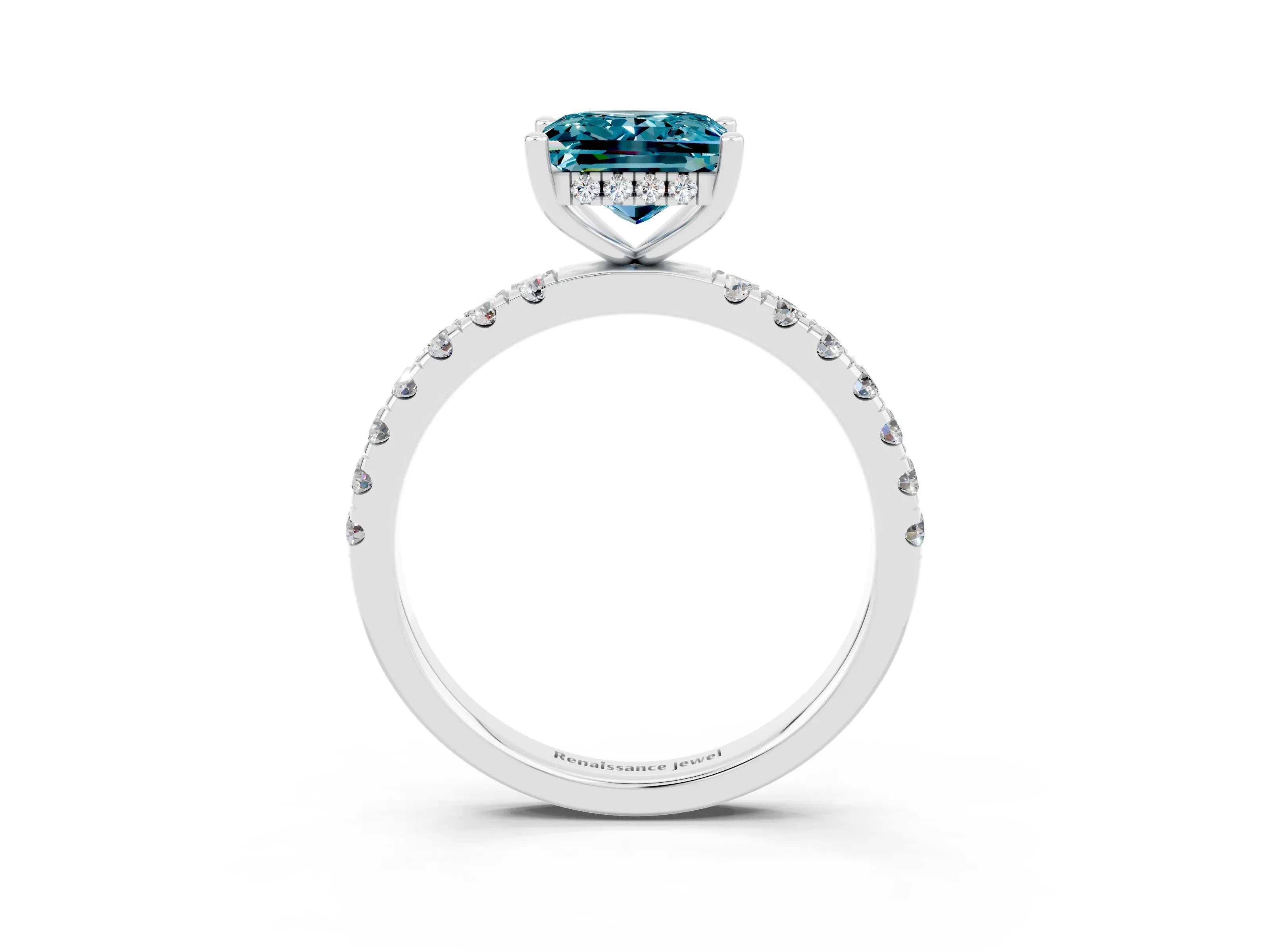 White gold Princess Cut Blue Topaz Pave Band Solitaire Ring with Four-Prong Setting_39