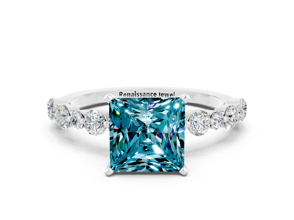 White gold Princess Cut Blue Topaz Prong Set Engagement Ring with Pavé Band