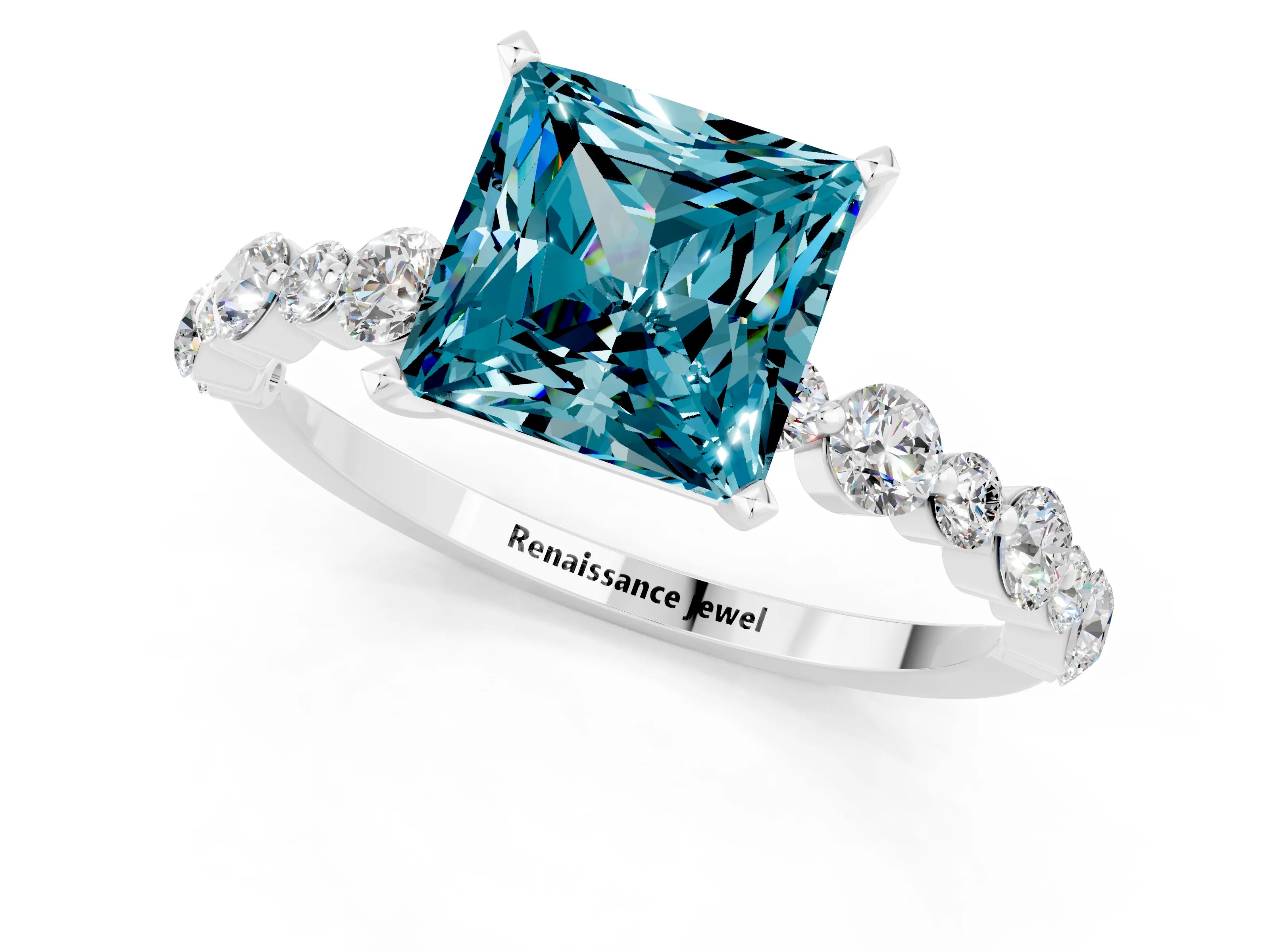 White gold Princess Cut Blue Topaz Prong Set Engagement Ring with Pavé Band_1