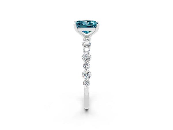 White gold Princess Cut Blue Topaz Prong Set Engagement Ring with Pavé Band