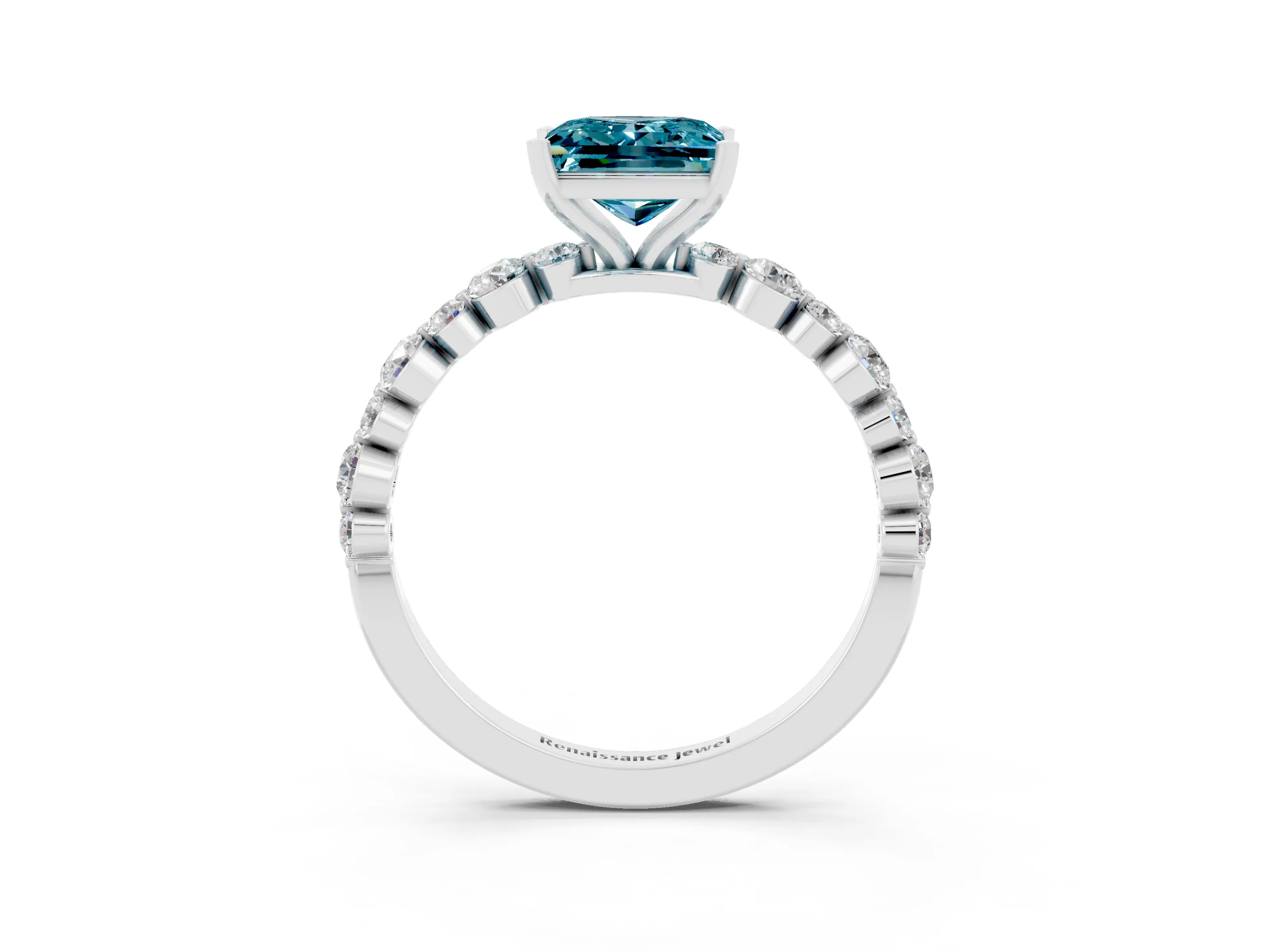 White gold Princess Cut Blue Topaz Prong Set Engagement Ring with Pavé Band_3