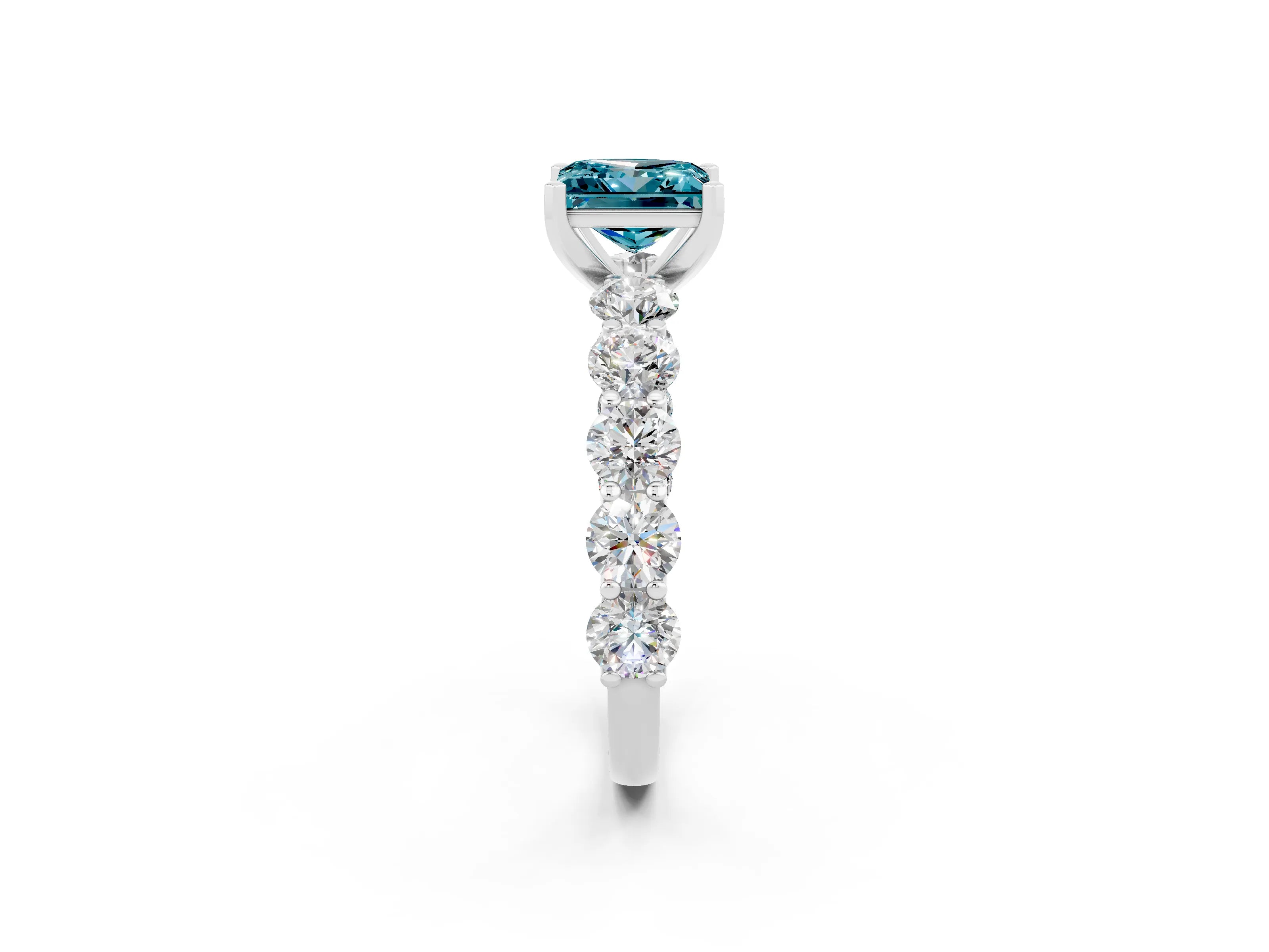 White gold Princess Cut Blue Topaz Prong Setting with Side Stones on a Pave Band_2