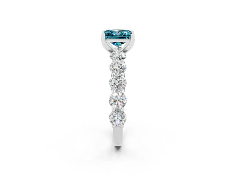 White gold Princess Cut Blue Topaz Prong Setting with Side Stones on a Pave Band_2