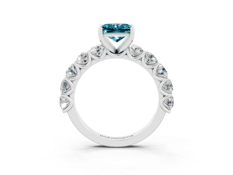 White gold Princess Cut Blue Topaz Prong Setting with Side Stones on a Pave Band_3